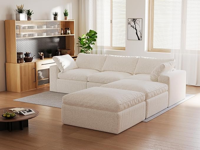 109’’ Cloud Couch for Living Room, Boneless Modular Sectional Sofa U-Shape with Ottoman Washable Cushion Cover, No Assembly Required, White (3-Seat + 2 Ottoman)
