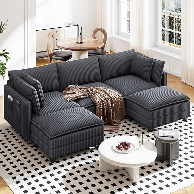 Vesgantti 109" U Shaped Cloud Sectional Sofa, Comfy Corduroy Upholstered Sectional Modular Sofas for Living Room, Modern Modular Couch with 2 Ottoman Deep Seat, Charcoal Grey