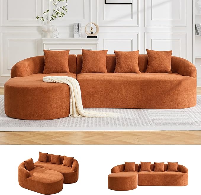 105.5" Boneless Curved Couch, L Shaped 4-Seater Cloud Couch with Deep Seat Chaise, Oversized Curved Sofa, Chenille Modular Sectional Couches for Living Room, No Assembly, Orange