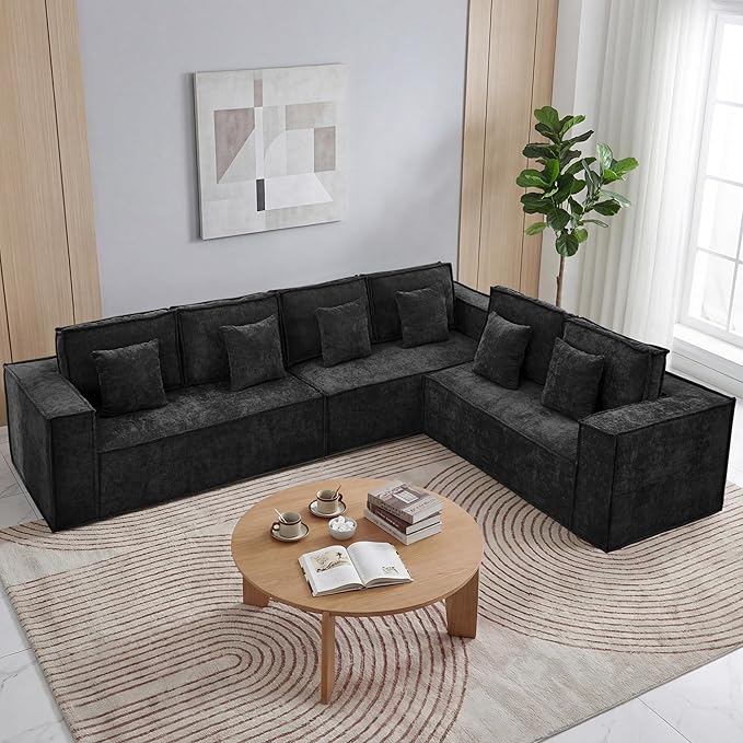 138'' Boneless Chenille L Shaped Couch, Oversized Modular Sectional 6 Seater Sofa, Modern Deep Seat Corner Cloud Compressed Couch, No Assembly Sleeper Sofa with Chaise for Living Room, Black