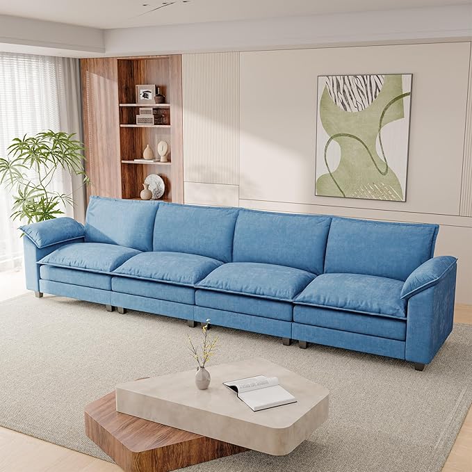 158.6'' Sectional Cloud Couch with 4 Seats & Wide Armrests, Oversized Linear Sofa with Double Layer Cushions, Comfy Chenille Couches for Living Room and Apartment (Dark Blue, Linear Sofa)