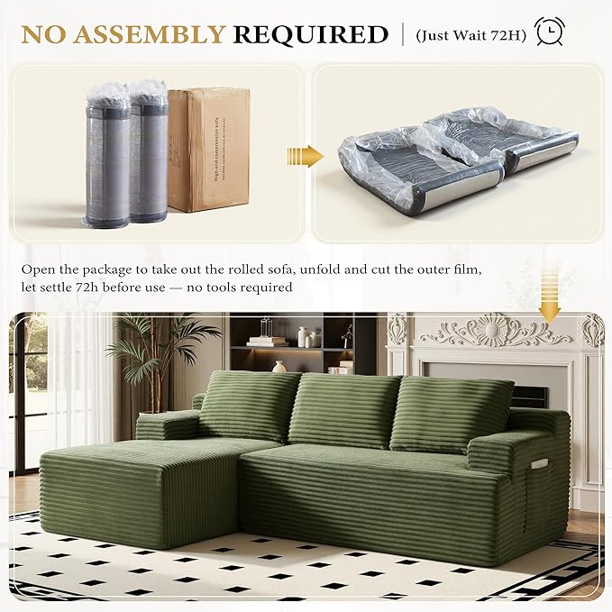 96" Sectional Couches for Living Room Cloud Couch Sofa with L-Shape Upholstered Boneless Couchs Modern Modular Sectional Couch with Chaise (Green, 96" W+Left Facing Chaise+2Seaters)