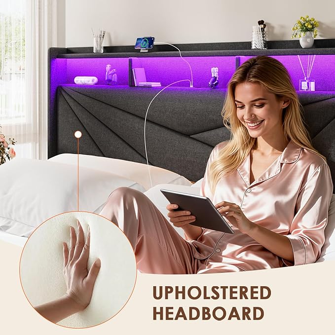 Driftalia King Size Bed Frame with 2-Tier Storage Headboard, Upholstered King Bed Frame with 2 Drawers, Charging Station and LED Lights, No Box Spring Needed, Easy Assembly - Dark Grey