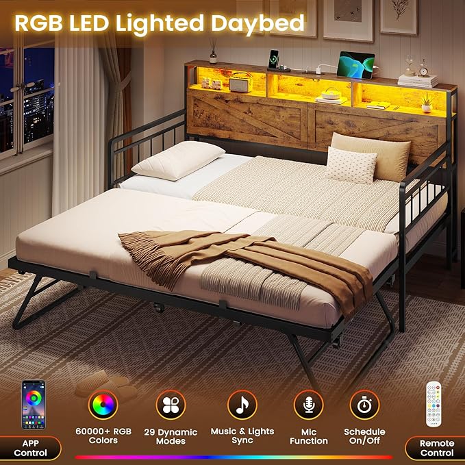VIAGDO Day Bed with Trundle Bed Twin, Wood Day Bed with Hidden Storage Headboard, Farmhouse Daybed with Charging Station and LED Lights, Twin to King Daybed for Living Room, Guest Room, Rustic Brown
