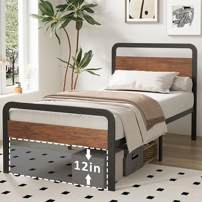 Richwanone 14 Inch Twin XL Bed Frame with Wood Headboard and Footboard, Metal Platform Frame with Steel Slat Support, No Box Spring Needed, Easy Assembly, Black