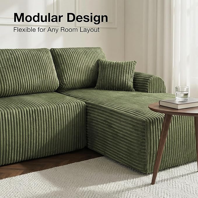 109“L-Shaped Sectional Sofa Boneless Couch Upholstery Cloud Modular Couch with Chaise No Assembly Required Corduroy Fabric Combination Deep Seat Living Room Bedroom(Green, Right Hand Facing)