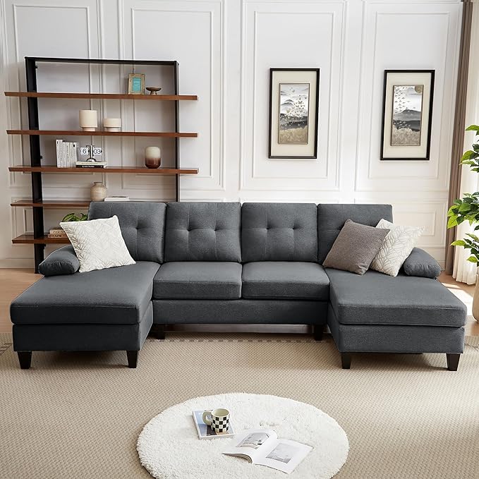 111" Sectional Couch for Living Room, Modern Polyester Fibre U Shaped Sofa Couches with Double Chaise, Upholstered 4 Seater Sofa for Living Room, Apartment, Office, Dark Grey