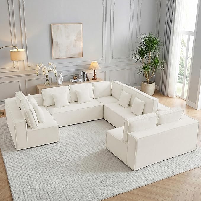 138'' Boneless Chenille U Shaped Couch, Oversized Modular Sectional 9 Seater Sofa, Modern Deep Seat Corner Cloud Compressed Couch, No Assembly Sleeper Sofa with Chaise for Living Room, Beige