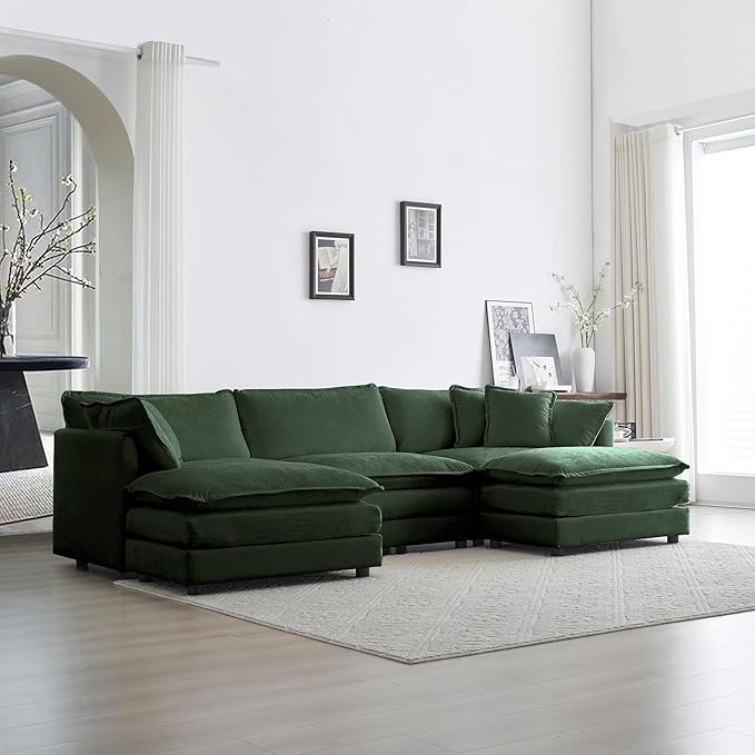 mikibama Modular Sectional Sofa, 111.5 Inch U Shaped Couch Set for Living Room, 3-Seater Comfy Cloud Couches with Movable Ottoman, DIY Combination, Chenille, Evergreen