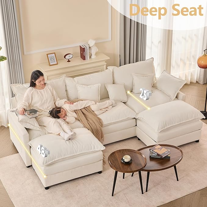 108" U Shaped Couch, Modular Sectional Sofa, 3-Seater Comfy Cloud Couch, Set of Modular Pieces with Movable Ottoman, Deep Seat Couches for Living Room, Chenille, Ivory
