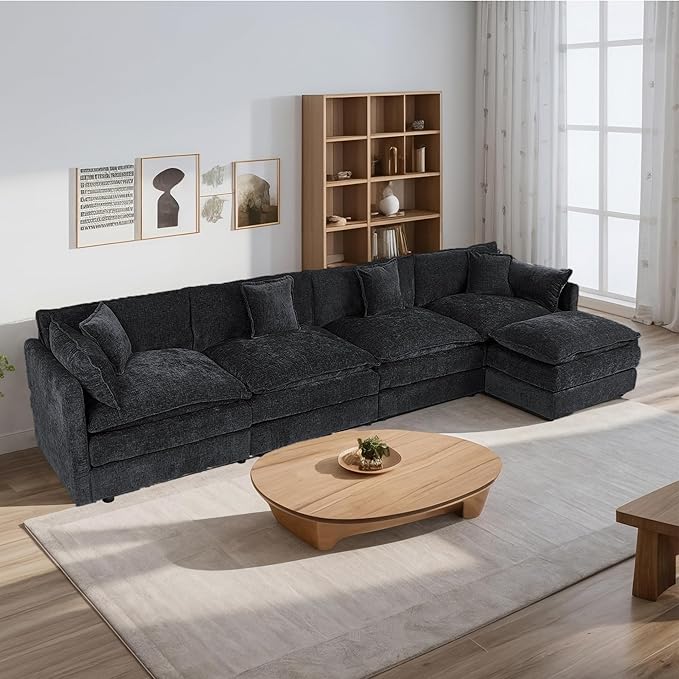 Setawix Deep 4 Seater Couch with Ottoman,147.22" L-Shaped Cloud Couches for Living Room,Chenille Cloud Sofa Couch with Deep Seat,Modular Sectional L Shape 4 Seat Sofa for Bedroom (Black, 4+1)
