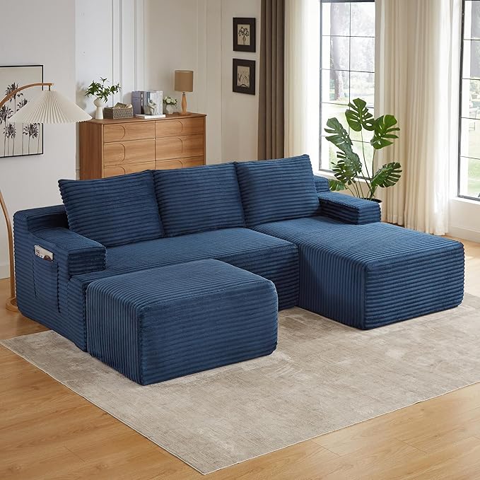 96" Sectional Couches for Living Room Cloud Couch Sofa with L-Shape Upholstered Boneless Couchs Modern Modular Sectional Couch with Chaise (Bule, 96" W+Right Facing Chaise+2Seaters+Ottoman)
