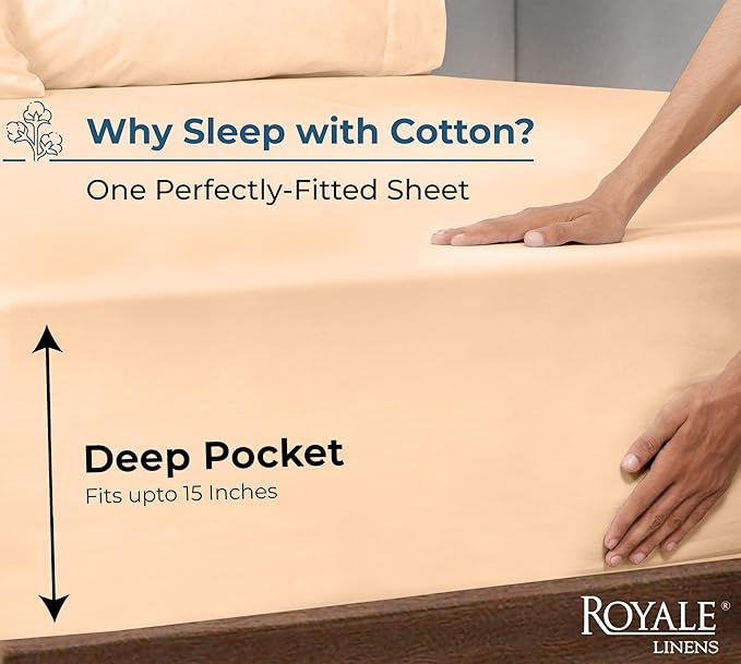 Royale Linens 100% Organic Cotton Fitted Sheet - Percale Weave - Super Soft Deep Pocket Bottom Sheets - Elastic Sheet King Cal Size - California King Fitted Sheets Only - (72"x84"+15", Sand)