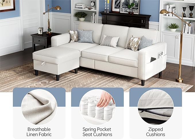 Sectional Couches for Living Room Convertible 3 Seater Sofas 78" L Shaped Couch with Removable Storage Ottoman Modern Linen Beige Sofa for Apartments Studios Dorms Small Spaces | 78" Small Sectional