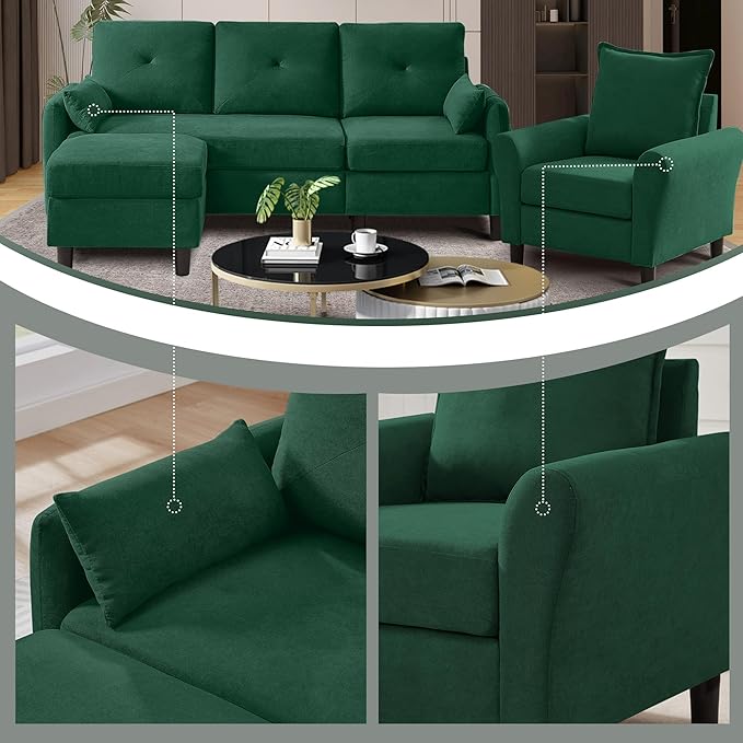 Convertible Sectional Sofa, 77" Small L Shaped 3 Seat Couch with Reversible Storage Chaise, and Accent Chair Set Modern Polyester Fabric Sofa Couches for Living Room, Apartment, Green