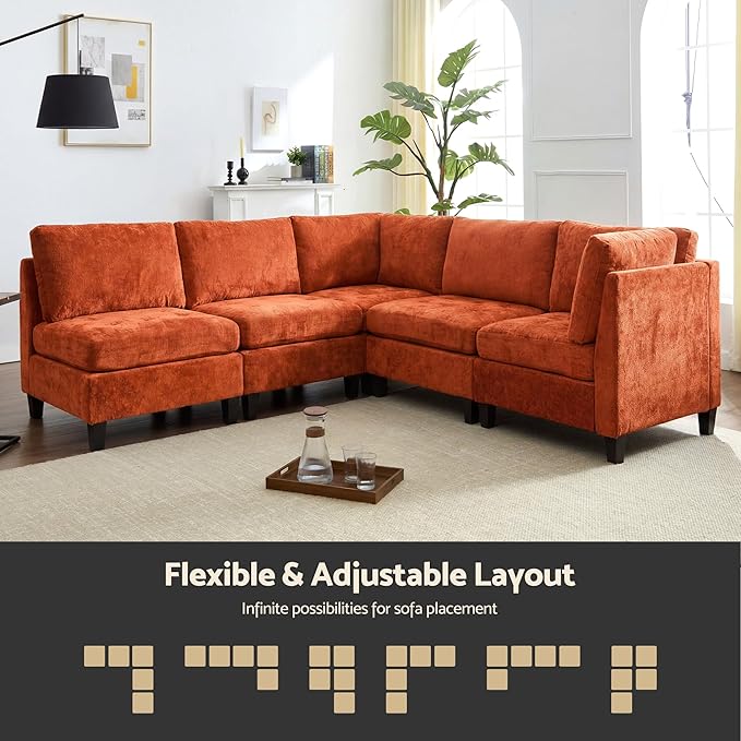 Luxe Oversized Modular Sectional Sofa Set，Modern Chenille Comfy Sectional Cloud Couch for Living Room (5-Seater, Orange)