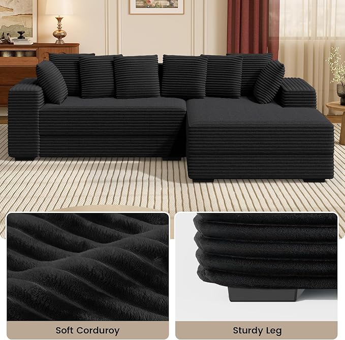 111'' Modular Sectional Cloud Couches with Chaise, L Shaped Extra Large Sleeper Couch Reversible Fluffy Corduroy with 8pcs Pillows for Living Room(Black Right Facing Chaise)