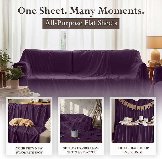 Utopia Bedding Flat Sheet - 1 Pack (Queen, Purple) - Soft Brushed Microfiber Fabric - Shrinkage & Fade Resistant Top Sheet - Easy Care Bed Sheet