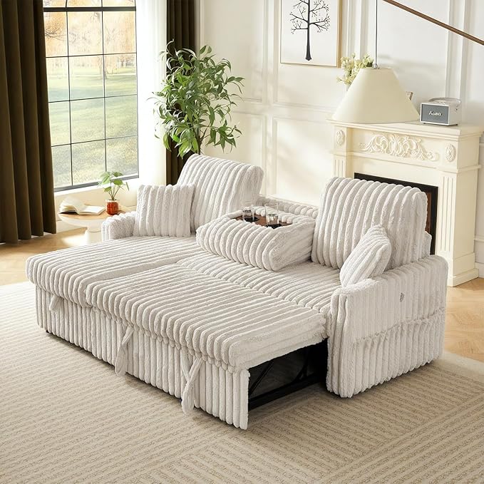 Sleeper Sofa Bed, 81” Pull Out Couch Bed, 3 in 1 L-Shaped Couch with Charging Station, Cup Holder, Side Pocket, Couches for Living Room(Plush Beige)