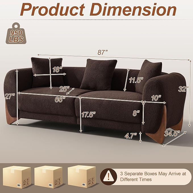 87" Sherpa Boucle Cloud Couch Modern 3 Seater Sofa with Solid Wood Legs, 25" Extra Deep Seat, Comfy Thick Cushion Upholstered Sofa Couches with 3 Pillows for Living Room, Brown
