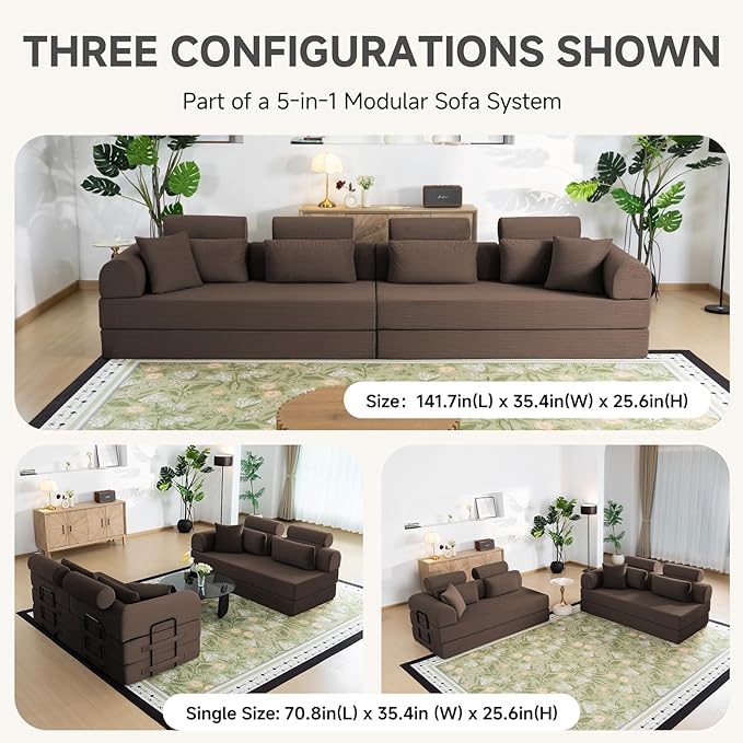 106” L Shaped Boneless Sectional Couch, Two 70.87” Pieces Convert to 141.7” Extra Long Straight Sofa, Corduroy Couch in a Box with Headrest and Back Pillows for Apartment Living Room, Brown