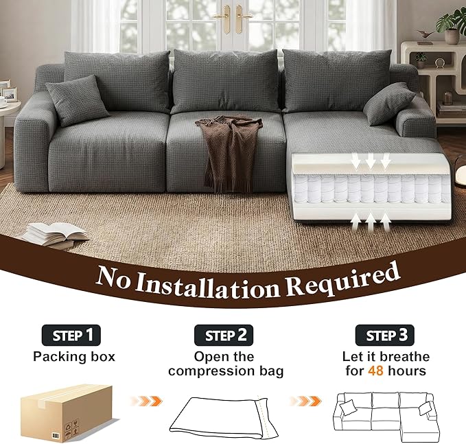 97”Modular Sectional Sofa, Cloud Sectional Couch with Deep Seat, Modern Modular L-Shape Sofa Couch, Upholstered Boneless Couches for Living Room Bedroom (Grey Check, Right Facing Chaise)