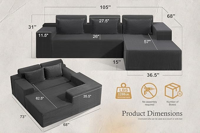 HABUTWAY Sectional Couches for Living Room,No Assembly L Shaped Couch 105" Modular Sectional Sofa Couch with Deep Seat,Cloud Couches Furniture Sets for Apartment,Corduroy (Dark Grey, Right Facing)