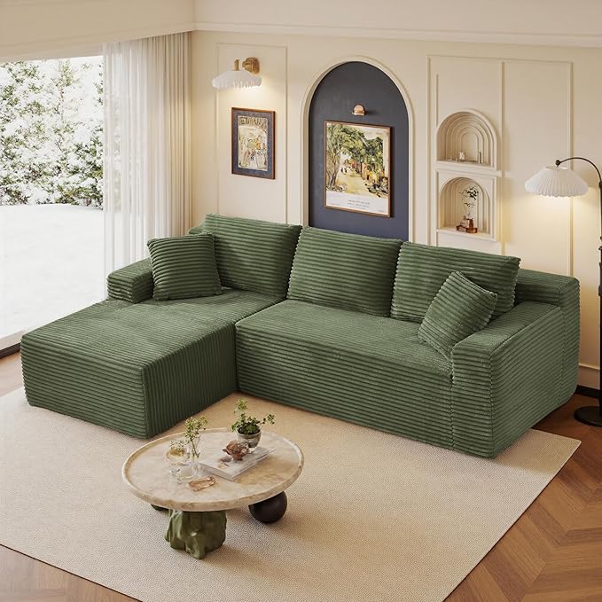 95" Sectional Couches for Living Room Cloud Couch Sofa with L-Shape Upholstered Boneless Couchs Modern Modular Sectional Couch with Chaise (Green, 95" W+Left Facing Chaise+2Seaters)