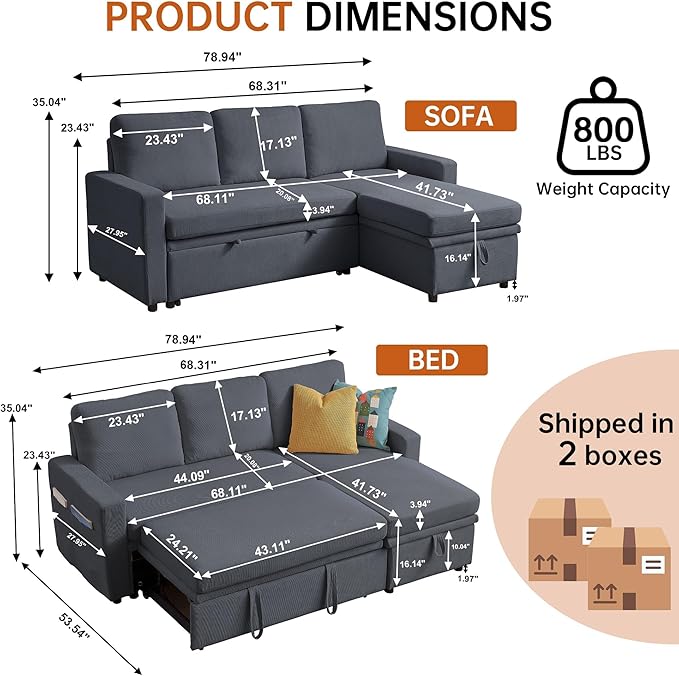 Sleeper Sofa Bed, Convertible L Shaped Sofa | Pull Out Bed with Reversible Storage Chaise | Layered Storage | Side Pockets | 3-Seater Comfy 79" Sectional Pullout Couch for Living Room, Dark Grey