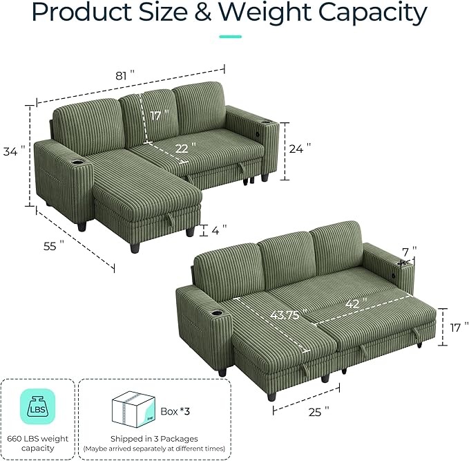LINSY HOME Sectional Sleeper Sofa with Pull Out Couch Bed for Living Room (Green) | Plush Corduroy, Storage Ottoman, Storage Chaise, Pull Out Couch, USB Charging