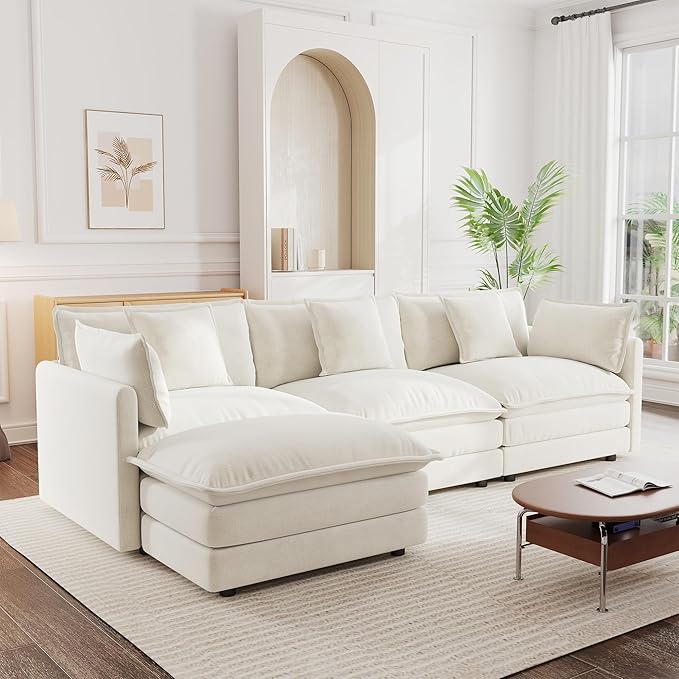 mikibama Modular Sectional Sofa, 111.5 Inch L Shaped Couch Set for Living Room, 3-Seater Comfy Cloud Couches with Movable Ottoman, DIY Combination, Chenille, Beige