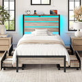 Rolanstar Twin Bed Frame with 4 Drawers, LED Lights and Charging Station, Metal Platform Bed with Storage Headboard, Noise Free, Easy Assembly, No Box Spring Needed, Light Grey