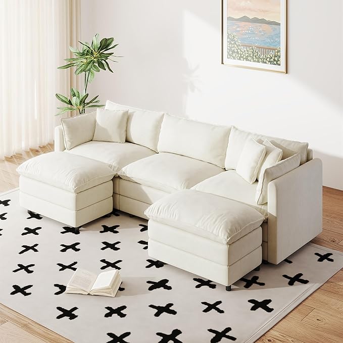 Setawix Deep 3 Seater Couch with Ottomans,112.2" U-Shaped Cloud Couches for Living Room,Chenille Cloud Sofa Couch with Deep Seat,Modular Sectional U Shape 3 Seat Sofa for Bedroom (Beige, 3+2)