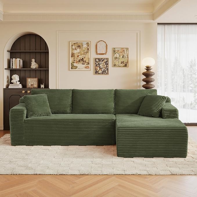 96" Sectional Couches for Living Room Cloud Couch Sofa with L-Shape Upholstered Boneless Couchs Modern Modular Sectional Couch with Chaise (Green, 96" W+Right Facing Chaise+2Seaters)