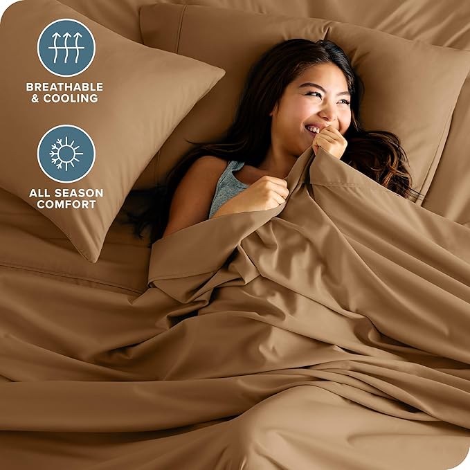Bare Home Twin XL Sheet Set - 1800 Ultra-Soft Microfiber Twin Extra Long Bed Sheets - Double Brushed - Deep Pockets - Easy Fit - 3 Piece Set - Bedding Sheets & Pillowcases (Twin XL, Caramel)