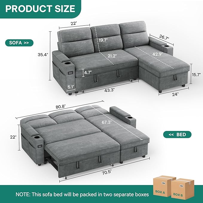 YITAHOME Convertible Sleeper Sofa with Adjustable Backrest & Pull Out Bed, L-Shaped Sectional Sofa Bed with Armrest & USB Port, Upholstered Sectional Couch for Living Room, No-Tool Assembly, Grey