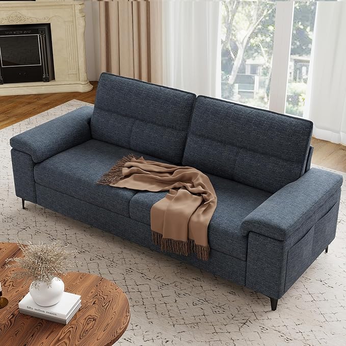 88.97" Modern Sofa Couch for Living Room, Deep Seat Sofas with 8”Cushion, Comfy 2-Seater Chenille Loveseat with Convertible Armrest, Removable Sofa Cover, High Leg (Blue)