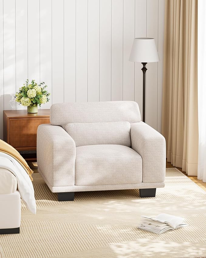 Marsail Single Seater Couch, 40 Inch Sofa with Wide Armrests & Deep Cushions, Modern Linen Fabric Sofas for Living Room, Comfy Upholstered Couch with Removable Washable Covers, Beige