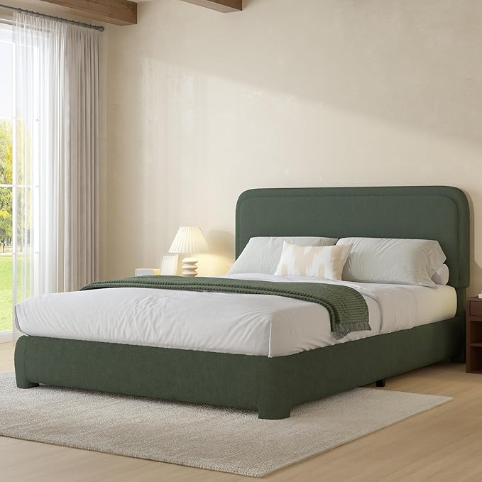 BarnFurin Queen Bed Frame with Headboard, Boucle Upholstered Platform Bed with Wood Slats, Soft Rounded Corners, No Box Spring Required, Non-Slip and Noise-Free, Easy Assembly, Green
