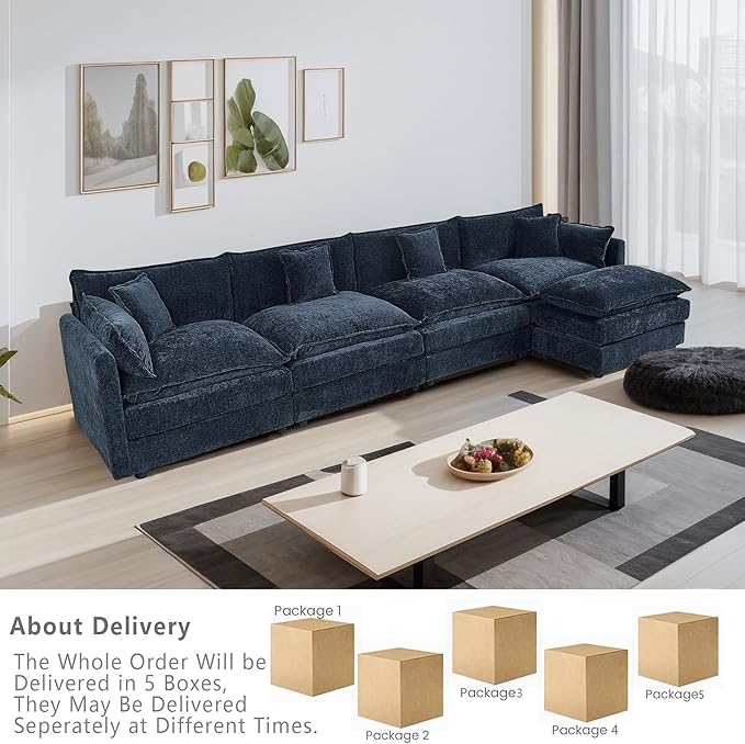 Setawix Deep 4 Seater Couch with Ottoman,147.22" L-Shaped Cloud Couches for Living Room,Chenille Cloud Sofa Couch with Deep Seat,Modular Sectional L Shape 4 Seat Sofa for Bedroom (Blue, 4+1)