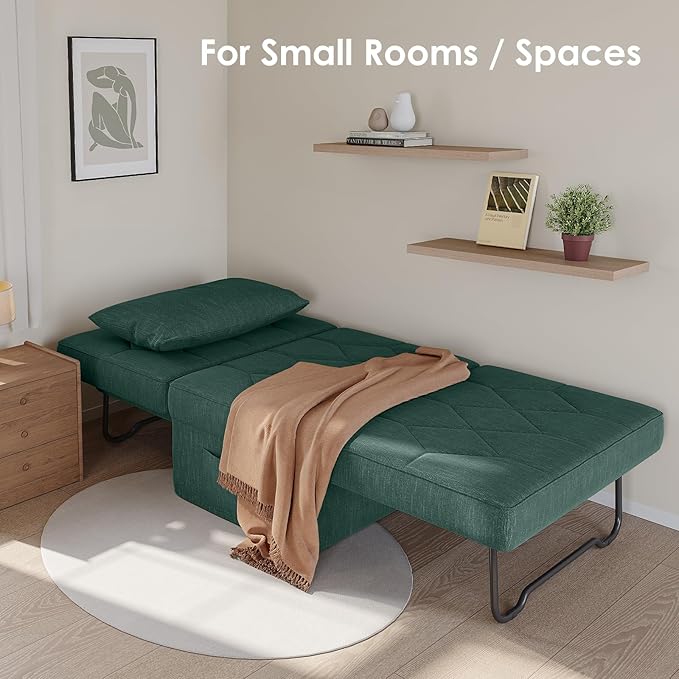 Convertible Sofa Bed with 5-Level Adjustable Backrest, 74" D x 28" W 4-in-1 Folding Ottoman Sleeper Chair Bed, Modern Single Futon Couch for Living Room Apartment Dorm Small Space, Green