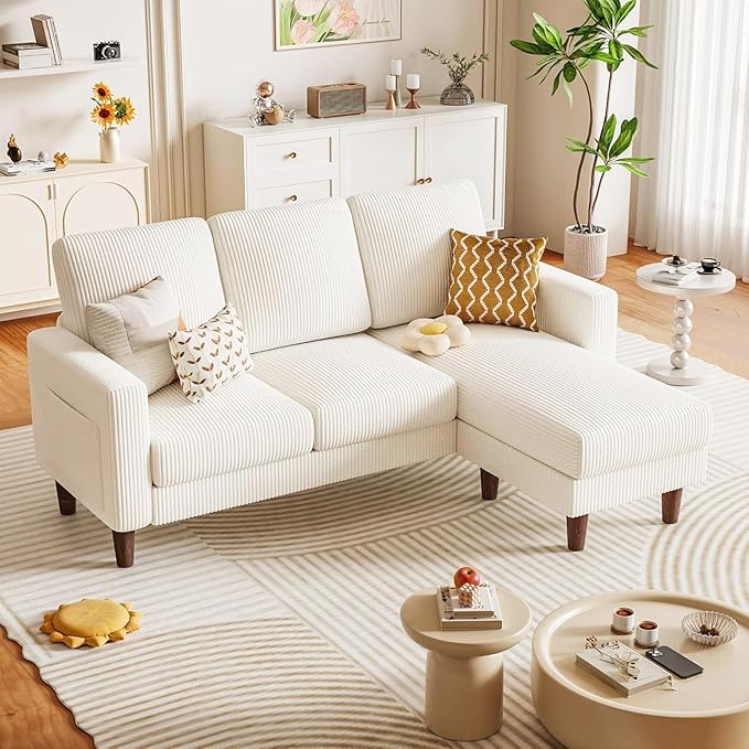 Homall Convertible Sectional Sofa 3 Seat L Shaped Couch with Side Storage Pocket, Sofas with Movable Ottoman, Corduroy Small Couches for Living Room & Apartment (Corduroy, Beige)