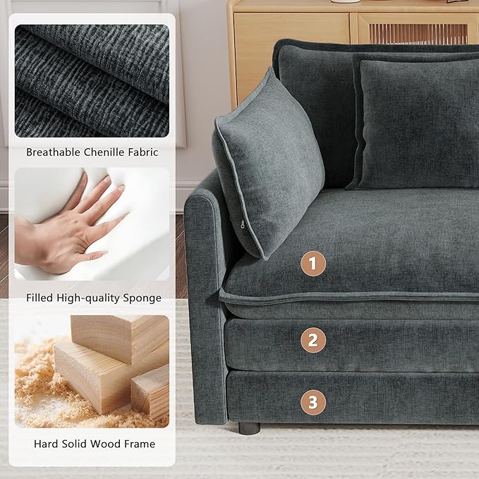 mikibama Modular Sectional Sofa, 76.4 Inch L Shaped Couch Set for Living Room, Loveseat Comfy Cloud Couches with Movable Ottoman, DIY Combination, Chenille, Grey
