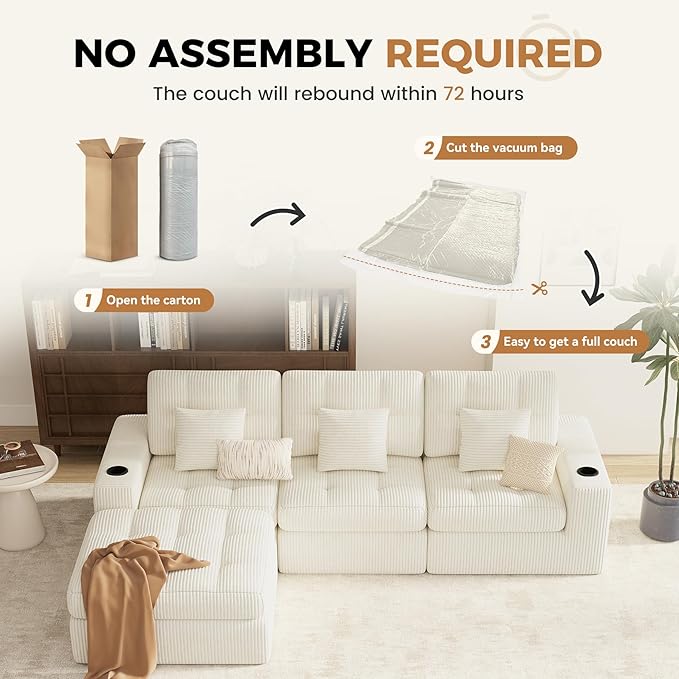 112" L Shaped Cloud Boneless Couch,Modern Modular Sectional Sofa with Layered Cushion,No Assembly Convertible Corduroy Couches for Living Room,Beige 1 PCS
