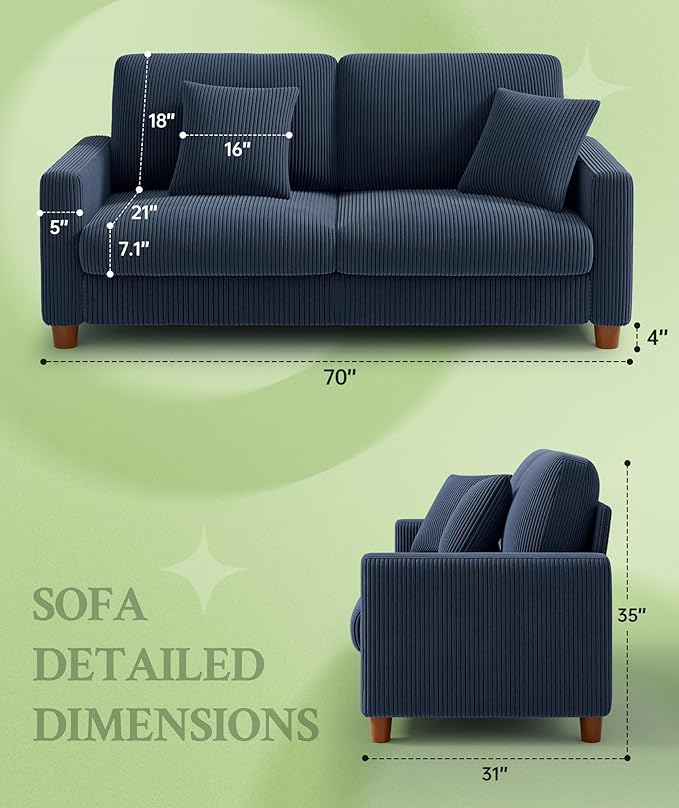 70.2" Couches for Living Room, Comfy Blue Couch 7.1" Extra Thick Cushion, Sofas for Living Room Tool-Free Setup, Loveseat Sofa 705lbs Support, Corduroy Couch for Bedroom, Apartment, Office