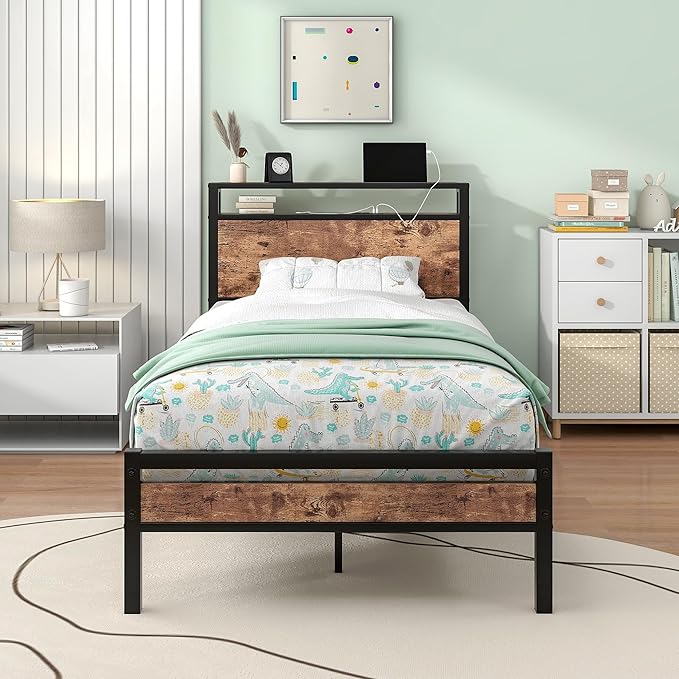 BOFENG Twin Bed Frame with Storage Headboard/USB Charging Station,Heavy Duty Metal Platform Bed Frames Twin Size No Box Spring Needed,Firm Steel Slats Support,Noise Free,Rustic Brown
