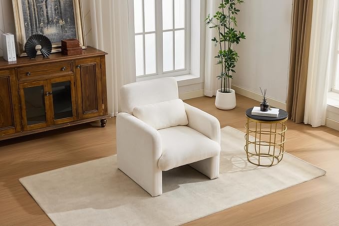 GDFStudio 30" Modern Accent Chair, Upgrade Leisure Boucle Upholstered Armchair with Straight Arms and Waist Pillow, Comfy Single Sofa Chair for Living Room Bedroom Office Apartment, Ancient White
