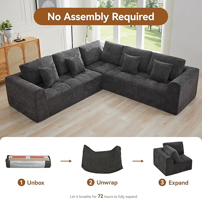 110''Modular Sectional Couches for Living Room, Cloud Boneless Compressed Sectional Sofa, Oversized L Shaped 5 Seater Upholstered Memory Foam Sofa, No Assembly, Chenille Grey