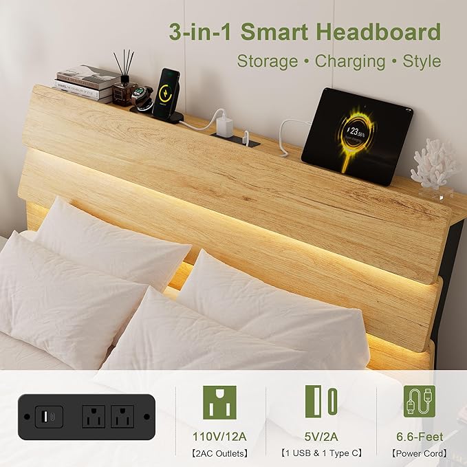 Feonase Floating Bed Frame Full with Led Lights and Charging Station, Wood Full Size Bed Frame with Storage Headboard, Heavy Duty Metal Slats, No Box Spring Needed, Easy Assembly, Noise-Free,Oak