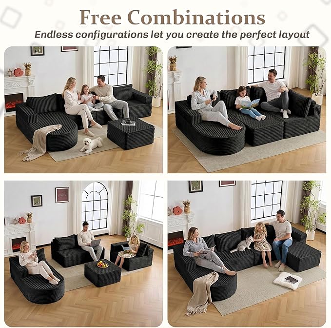 132” Boneless Couches for Living Room, L-Shaped Modular Sectional Sofa with Chaise & Ottoman, Modern Corduroy Cloud Couch with Deep Seat, Comfy Sponge Compression Convertible Sofas